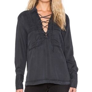 FREE PEOPLE Under Your Spell Lace Up Tunic Shirt Blouse Black Size M